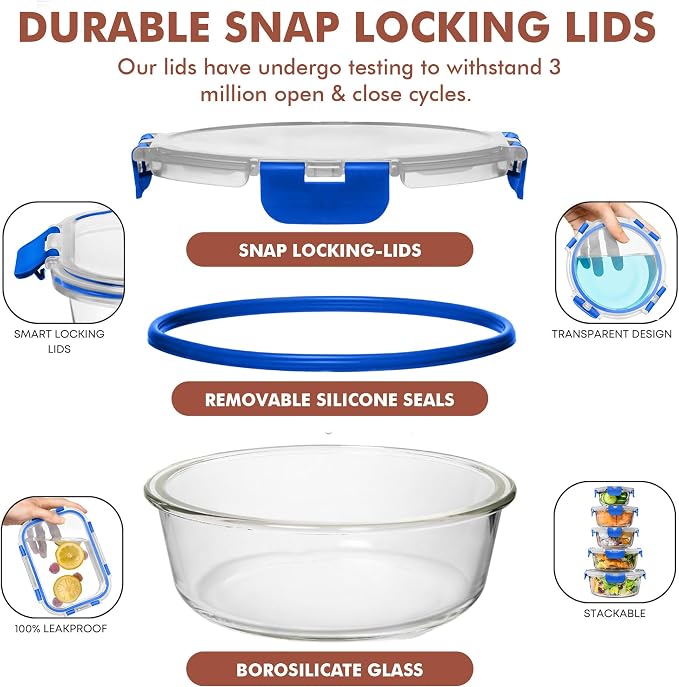 Razab 30 PC Glass Food Storage Containers with Lids - Reusable Glass Meal Prep Containers for Lunch and Leftovers - Airtight & Leakproof Snap Locking Lids - Oven, Freezer, Microwave, Dishwasher Safe