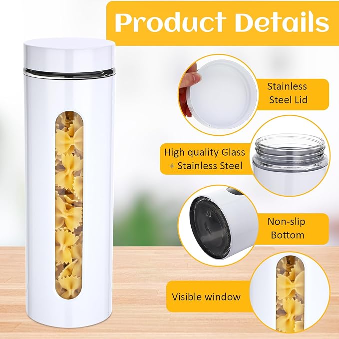 6 Pack Kitchen Canisters Set Airtight Coffee Sugar Tea Storage Jars with Window Glass Stainless Steel Containers with Lids for Flour Cookies Spices Grains Kitchen Decorations(White,60 oz)
