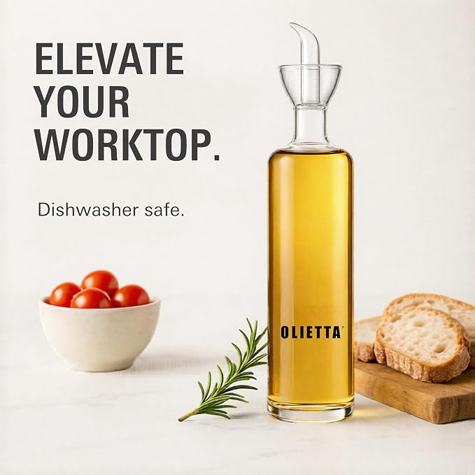 Olive Oil Dispenser Bottle 4.2 fl oz - Borosilicate Glass Non-Drip Pourer | Olietta Ground-Glass Seal, Leakproof Airtight, Dishwasher Safe, Oil Bottle for Kitchen, Table, Vinegar Drizzler, Easy Clean