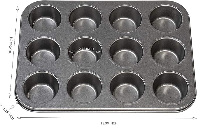 12 Cups Muffin and Cupcake Pan, Nonstick Brownie Cake Pan, Carbon Steel bakeware for Oven Baking Gray
