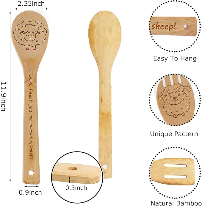 5PCS Sheep Wooden Cooking Spoons Set Bamboo Cooking Spoons | Sheep Kitchen Decor Housewarming Wedding Anniversary Thanksgiving Christmas for Mom Women Animal Lovers