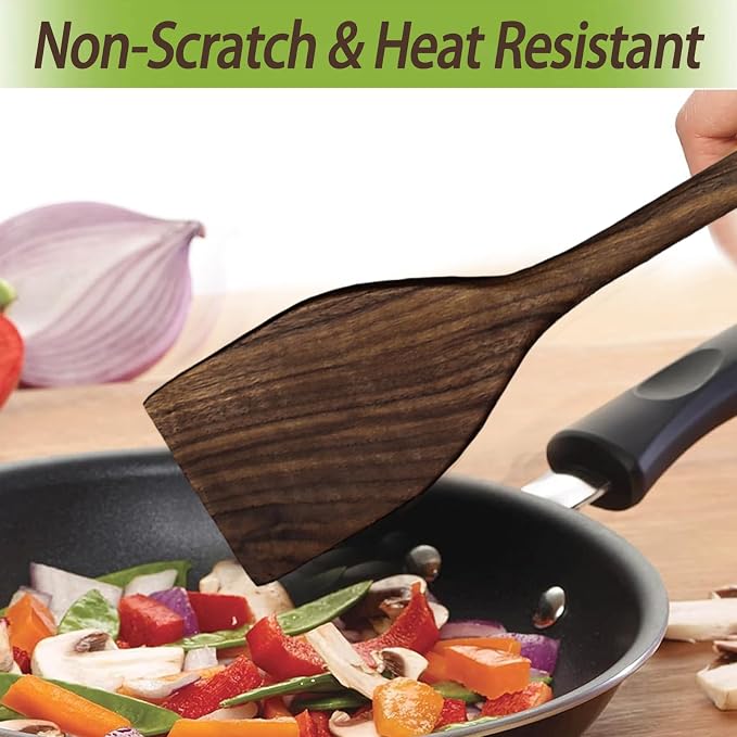 13.5" Walnut Wood Spatula, Large Wooden Spatula for Cooking, Long Handle Flat Spatula, Non-Stick Wooden Scraper, Turner for Frying, Flipping & Scraping-Great for Big Frying Pan