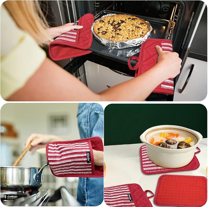 Alselo Silicone Pot Holders Set of 3 Heat Resistant & Non Slip Potholders, Professional Oven Hot Pads with Pockets Mitts for Kitchen Cooking Baking Barbecue (3, Red)