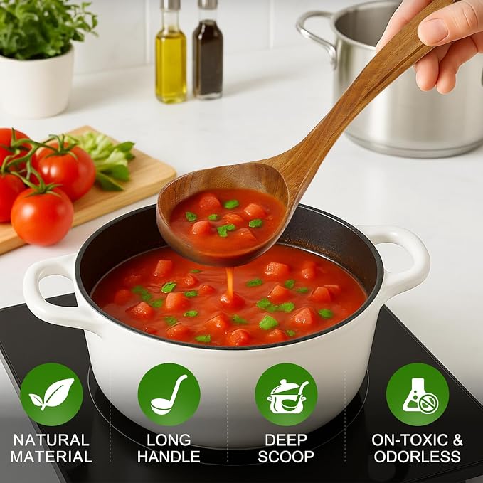 3 Pack Wooden Ladles for Serving Spoon Soup Ladle Wood Spoons for Cooking Ladel Large Spoon Kitchen Tools Ladles Big Spaghetti Spoon Laddle Non Toxic Soup Spoons Teak deep Ladle