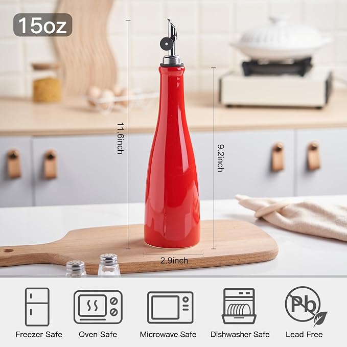 YOLIFE Olive Oil Dispenser Bottle, 15oz Ceramic Oil Dispenser for Kitchen | Oil Bottle with Gravity Spout, Leak Proof EVOO Dispensing Bottle with 2 Spouts and 1 Funnel for Vinegar, Juice(Red)