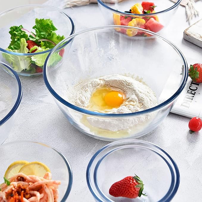 4 Pack Glass Mixing Bowls Set with Lids (4.8QT, 2.9QT, 1.7QT, 0.8QT) | Glass Nesting Bowls for Kitchen Baking, Cooking and Serving, Oven, Dishwasher, Freezer, and Microwave Safe