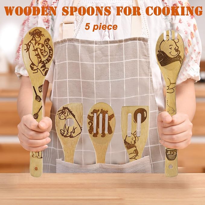 5 Cartoon Wooden Spoons for Cooking - Mom Birthday Gifts,Winnie Bear Gifts,Winnie the Bear Kitchen Accessories,Cute Tiger Spatula for Kitchen Decor,Mothers Day Gifts for Mom from Daughter,Son