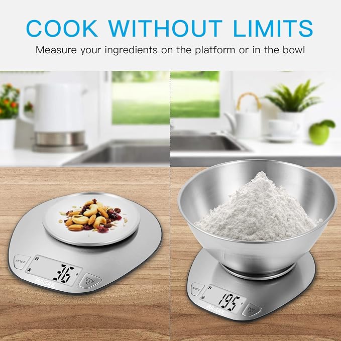 BAGAIL Digital Kitchen Food Scale with Stainless Steel Bowl, 11lb/5kg | 7 Weight Units, Large Clear Display, Gram Scale, For Baking & Cooking, Wet and Dry Ingredients, Batteries Included