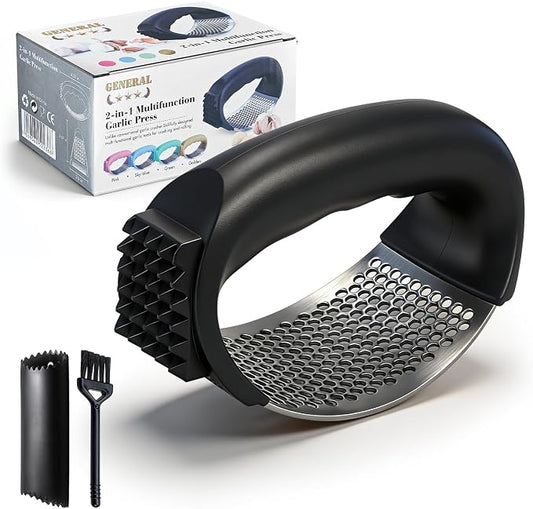 Garlic Press Rocker 304 Stainless Steel Garlic Mincer Crusher Easy to Clean Dishwasher Safe Textured End for Light Tenderizing, with Silicone Peeler and Cleaning Brush
