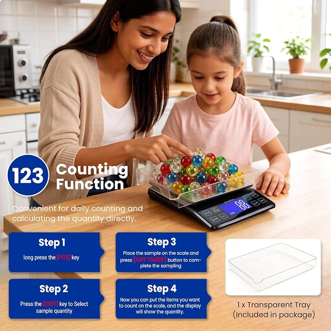 Rechargeable Digital Kitchen Scale, 0.1g Resolution Max 5kg 11Ibs | Food Scale with PCS Counting, Hold, Tare Functions, 6.3"x6.3" Large Stainless Steel Platform, for Cooking, Baking, Meal Prep