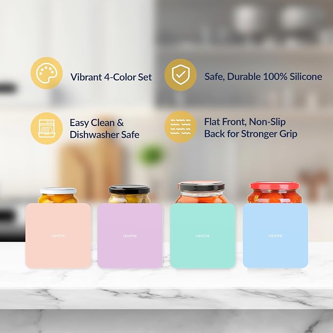 NiHome Silicone Jar Opener Gripper Pads, 6 In for Seniors, Macaron, 4PC | Textured Back for Superior Grip on Stubborn Lids, BPA-Free Food-Grade, Heat Resistant, Dishwasher Safe, Rounded Square