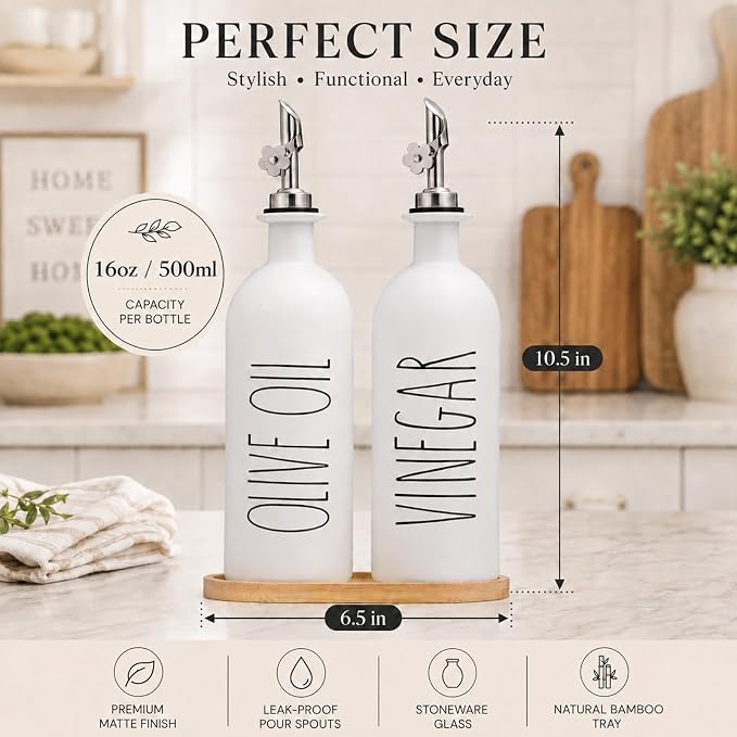 HOMCDALY 16oz Olive Oil Dispenser Bottles for Kitchen, White Oil and Vinegar Dispenser Set, Two Olive Oil Bottles with Bamboo Tray | Set of 2 (16oz-P-White)