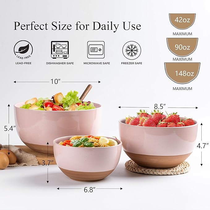 AmorArc Ceramic Mixing Bowls,Stoneware Nesting Bowls Set of 3 for Kitchen | Serving Bowls with Rustic Terracotta Underside for Mixing,Cooking,Baking,Salad| Microwave & Dishwasher Safe 4.6/2.8/1.3 Qt