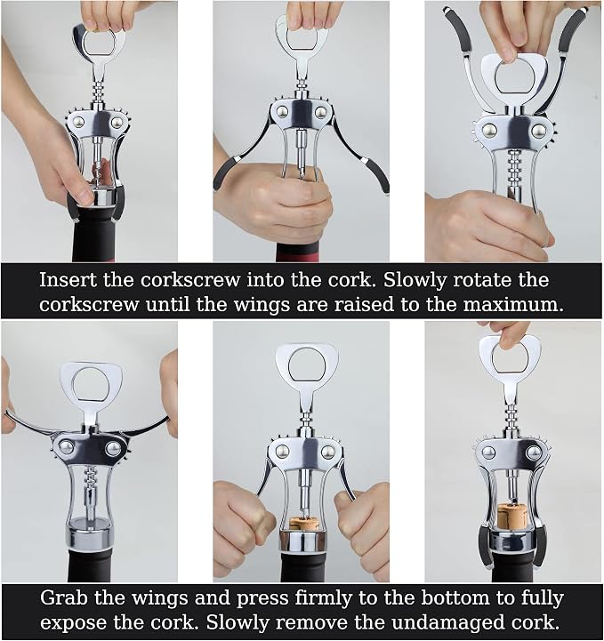 KORCCI Wine Opener, Heavy-Duty Zinc Alloy Wing Corkscrew, Premium Beer Bottle Opener, Multifunctional Wine Accessories with Ergonomic Handle and Sharp Screw, for Kitchen, Bar, Restaurant (SILVER)