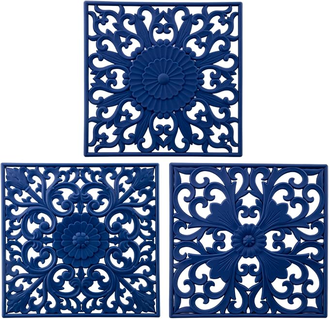 Silicone Trivets for Hot Dishes, Square Silicone Trivets for Pots and Pans, Hot Pads for Kitchen Counter, Multi Function Trivet Mat for Table, Flexible Silicon Pot Holders Set 3 Navy