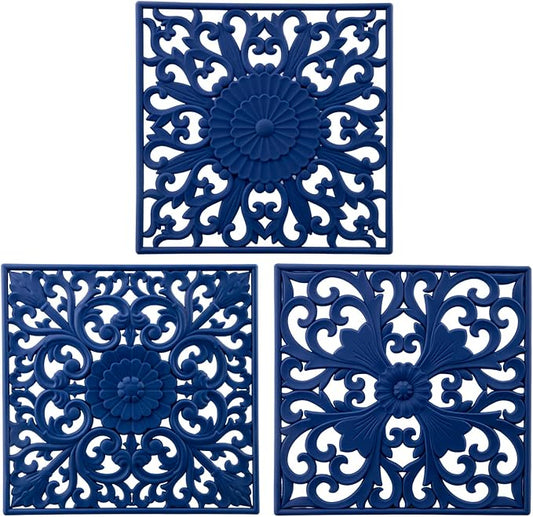 Silicone Trivets for Hot Dishes, Square Silicone Trivets for Pots and Pans, Hot Pads for Kitchen Counter, Multi Function Trivet Mat for Table, Flexible Silicon Pot Holders Set 3 Navy