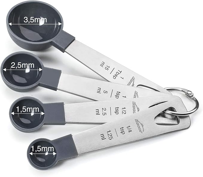 LACOR - 67037 – Set of 4 Measuring Spoons, Liquid and Food Meter, Pastry, Stainless Steel and Polypropylene, Stackable, Measures in ml, Tsp, Tbsp, BPA Free, Dishwasher Safe, Grey