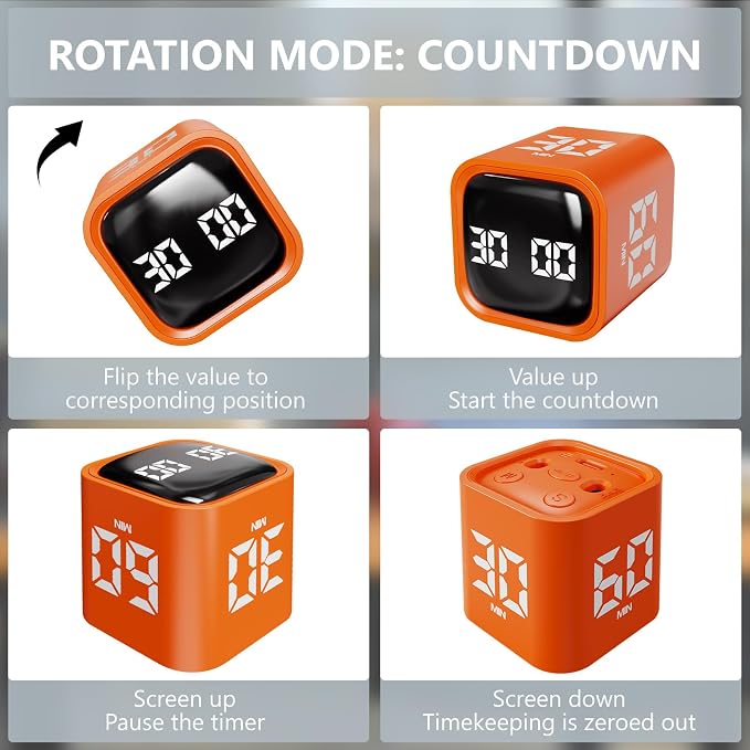 GuDoQi Multi-Function Cube Timer, 5/10/30/60 Min & Custom Count Down, Included Pause & Resume Feature, Silent, Vibrate & Adjustable Sound Alarm for Productivity in Tasks, Study & Kitchen, Orange