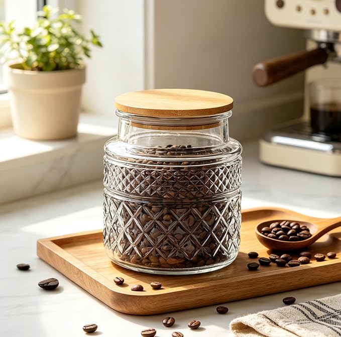 Prettidecor Glass Storage Jars, 38 FL OZ Airtight Canisters with Bamboo Lid, Decorative Kitchen Containers for Cereal, Nuts, Snacks, Candy, Cookies, Coffee, Tea | Kitchen Pantry Coffee bar Canister for Coffee Sugar Cereal Nut Candy, Airtight Bamboo Lid...
