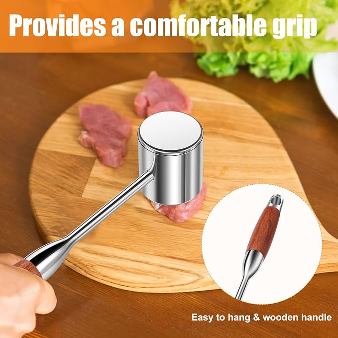 5 Pak Meat Tenderizer Tool Set, Dual-Sided Meat Mallet & Pounder for Chicken Breast, Steak, Beef, Pork - 304 Stainless Steel Head with Wood Handle, Dishwasher Safe Kitchen Hammer