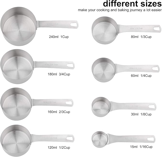 Measuring Cups Set, 18/8 Stainless Steel Measuring Cups Set with Magnetic Conversion Chart, Dry&Liquid Metal Measuring Cups for Baking&Kitchen, Metric&US 8 Measuring Cups with 2/3cup&3/4cup