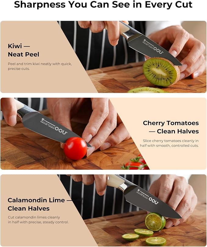 OOU 3.5'' Paring Knife, German 1.4116 Stainless Steel Kitchen Knife, Gunmetal Blade with AgShield & TinSharp Finish, Balanced ABS Handle, Sharp Utility Knife for Peeling, Trimming, Fruits