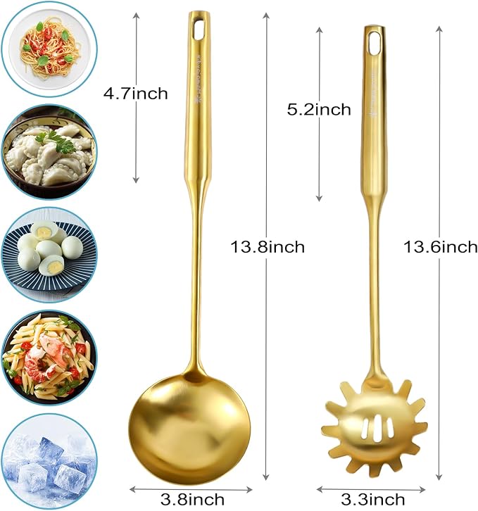 Gold Soup Ladle and Spaghetti Spoon Set - 18/10 Stainless Steel Soup Spoon，Pasta Strainer, 13.8" Kitchen Utensils for Cooking，Stirring, Serving Pasta, Soup & Sauce, Perfect Gifts