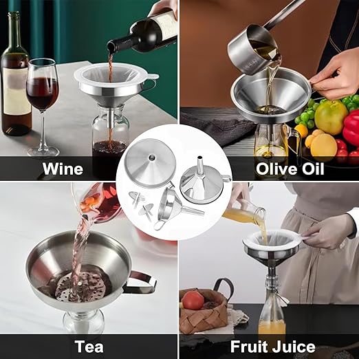Stainless Steel Funnels for Kitchen use,3PCS Kitchen Metal Funnel with 2 Removable Strainer,Cleaning Brush,200 Mesh Food Filter,Funnel for Filling Bottles,for Transferring of Liquid,Oils,Jam