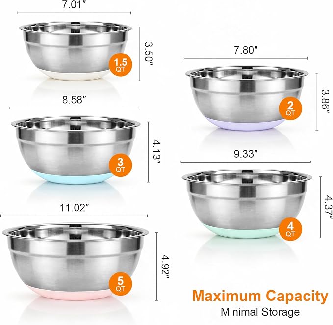 5PCS Stainless Steel Mixing Bowls Set With Non-Slip Silicone Base | 1.5/2/2.5/3.4/5.3Qt, Nesting Space Saving, Heavy Duty, Large Prep Metal Bowl For Mixing Baking, Serving, Kitchen Food Storage