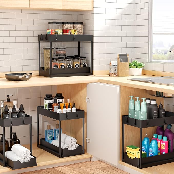 Ekisemio 2 Pack 2-Tier Under Sink Organizers with Sliding Drawer, Black | 2 Pack 2-Tier Under Sink Organizers | Sliding Drawer | Sturdy Metal Frame | Tool-Free Assembly | Space Saving | Black