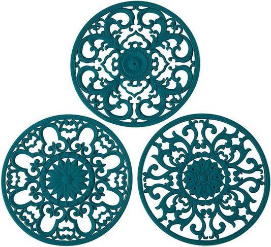 Extra Thick Silicone Trivet Mat for Hot Dishes, Hot Pots and Pans, Pot Holder, Hot Pad to Protect Your Table and Countertop, Kitchen Decor and Accessories,Teal, Set of 3