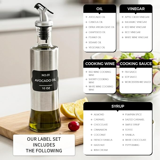 Olive Oil Dispenser for Kitchen, 4 Pack 10oz/300 ML Cooking Oil and Vinegar Dispenser Set with 20 Labels Stainless Steel Funnel, Olive Oil Bottle, Soy Sauce Dispenser, Coffee Syrup Bottles