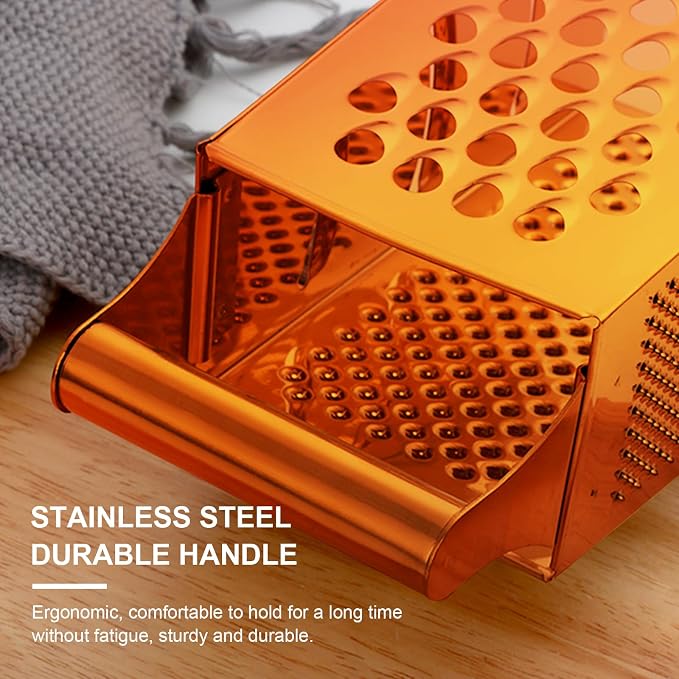 Handheld Cheese Grater Box for Kitchen, Stainless Steel 4 Sided Cheese Grater with Handle for Grinding Shredding & Slicing, Dishwasher Safe (Sunset Red)