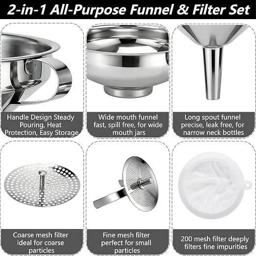 Stainless Steel 2 Pack Funnel Set Long Spout Funnel for Narrow Neck Bottles (Oil, Sauce) Wide Mouth Funnel for Mason Jars, Canning with 200μm Fine Mesh Strainer & Removable Filters (Small Set)