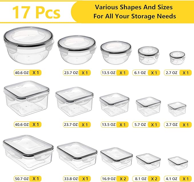 34 PCS Food Storage Containers Set with Airtight Lids (17 Lids &17 Containers) - BPA-Free Plastic Food Container for Kitchen Storage Organization, Fruit Meal-prep Containers with Labels & Marker | (17 Lids &17 Containers) - Food Container for Kitchen S...