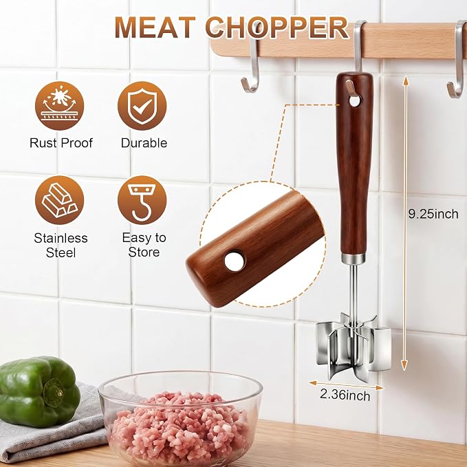 Stainless Steel Meat Chopper, 6 Curve Blades Beef Masher with Wooden Handle | 9.25 Inch Potato fruits Masher and tenderizes meat Hamburger Smasher, Mix and Chop Kitchen Tool for Taco Meat
