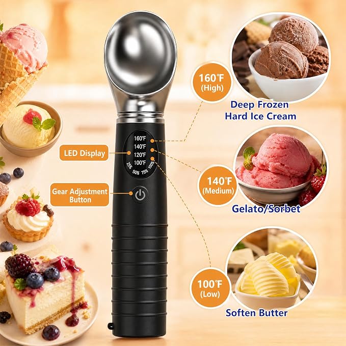 Heated Ice Cream Scoop Rechargeable, Electric Ice Cream Scooper with 4 Temp Modes & LED Display, Heats up to 160°F for Rock-Hard Ice Cream, IPX7 Waterproof Kitchen Gadget for Seniors & Kids (Black)