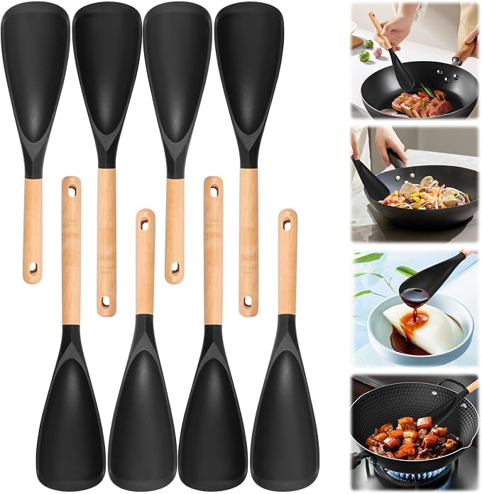 8Pack Silicone Cooking Spoons, Wooden Handle Spatula Spoon for Non-Stick Cookware, Black 4 Large 4 Small Heat Resistant Kitchen Utensils for Stirring, Scooping, Scraping, Dishwasher Safe