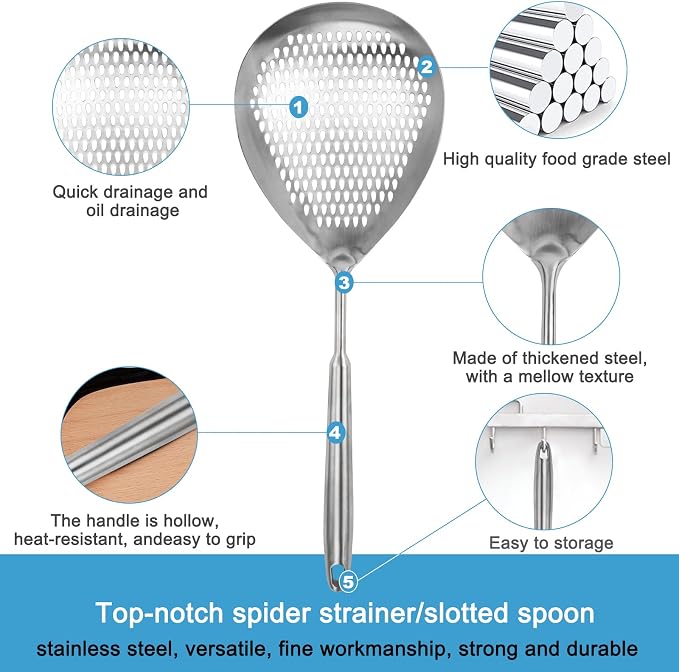 Skimmer Slotted Spoon, Length 17.3 in Diameter 7.5 in Pasta Strainer/Frying Spoon for Kitchen and Colander, Top-notch Steel Spider Strainer/oil strainer for Cooking
