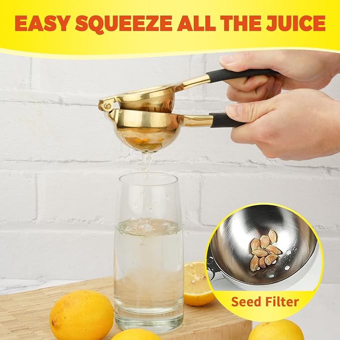 SHIKORI Lemon Squeezer, Large Heavy Duty Handhelp Juicer for Lemon, Stainless Steel Hand Press Citrus Juicer, Lime Squeezer Bar Tool, Manual Citrus Press (Gold & Black)