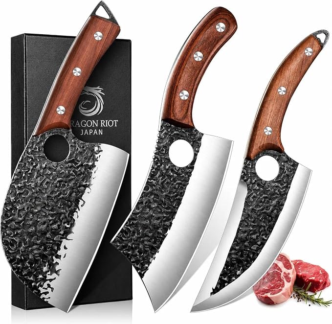 DRAGON RIOT Professional Butcher Knife Set for Meat Processing, 3Pcs High Carbon Steel Hand Forged Serbian Cleaver Chef Knife Set with Ergonomic Handles for Kitchen Outdoor Cooking