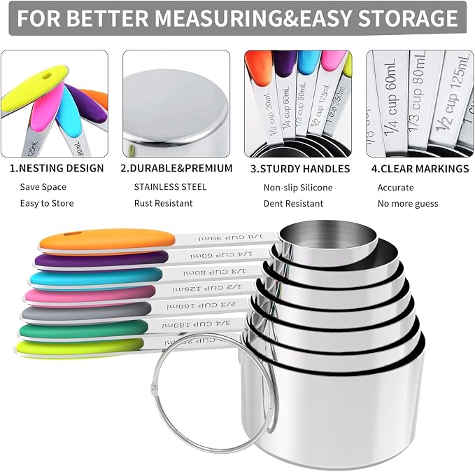 Nesting Measuring Cups and Spoons Set, Stainless Steel with Soft Silicone Handle – Heavy Duty & Dishwasher Safe for Measuring Dry/Liquid Ingredients, Ideal for Cooking & Baking (12)