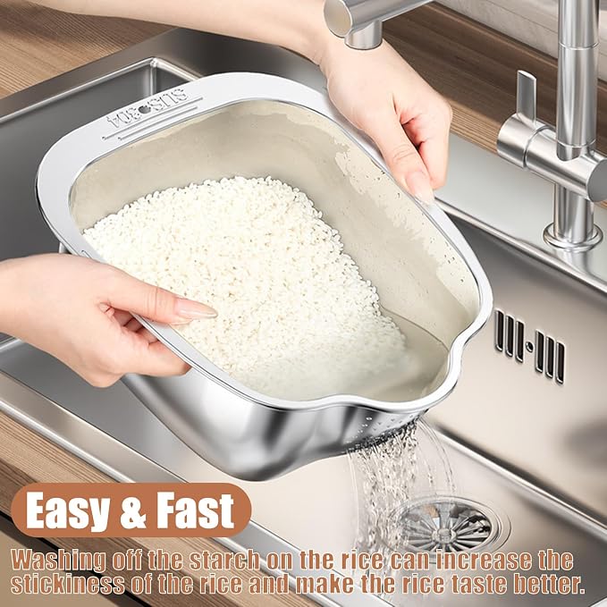 Rice Washer Strainer Bowl, Stainless Steel Washing Bowl whit Side Drainers, Versatile Square Quinoa Colander for Cleaning Rinsing Fruits, Vegetables, and Beans - Multifunctional Drain Basket