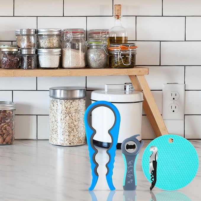 Bloss Jar Opener Can Opener Kitchen Grippers, Multi-use Lid Opener Set | Anti-skid Jar Openers for Weak hands, Seniors with Arthritis, Includes Non-slip Rubber Gripper Pad & Wine Opener, Blue