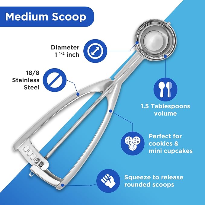 Jenaluca Medium Cookie Scoop, 18/8 Stainless Steel, 1.5 Tbsp, Size #50 | Disher for 2.5-inch cookies & mini cupcake batter. Squeeze release handle. Right and left handed use. Dishwasher safe.