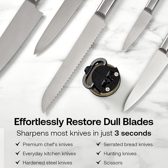 AnySharp – Chef – Hands Free Knife Sharpener - Easy to Use Sharpening Tool with PowerGrip Suction Base and 20-Degree Pre-Set Angle - for All Knives: Chef's, Serrated, and Hardened Steel - Brass