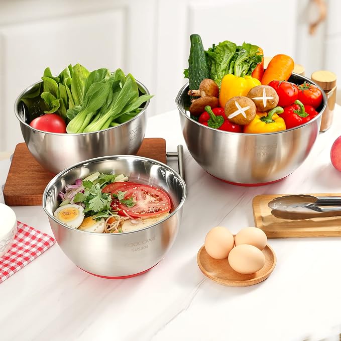 Metal Mixing Bowls Set Stainless Steel, Non Slip Mixing Bowls(Set of 3) | Salad Bowl with Pour Spout, Nesting Design& Dishwasher-Safe