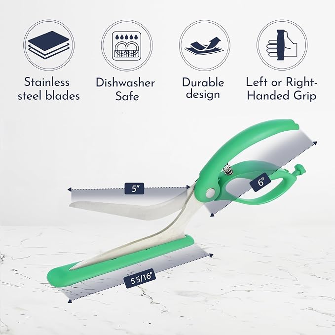 Pizza Scissors - Non-Stick Pizza Scissors with Firm Grip Base - Food Grade Stainless Steel Pizza Cutter - 5-in-1 Food Slicer & Pizza Server - Durable, Safe & Mess Free - Green