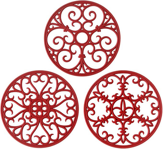 Silicone Trivet Mat - Hot Pot Holder Hot Pads for Table & Countertop - Teapot Trivet Kitchen Trivets - Non-Slip & Heat Resistant Modern Kitchen Hot Pads for Pots & Hot Dish Merlot Red Trivet Set of 3
