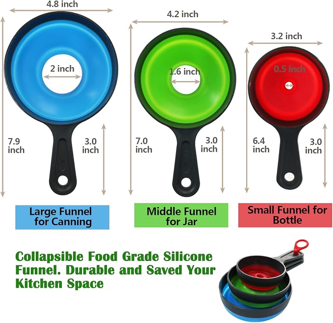 KongNai Silicone Collapsible Kitchen Funnels 4 Pack + Wide Mouth Canning Funnels 3 Pack